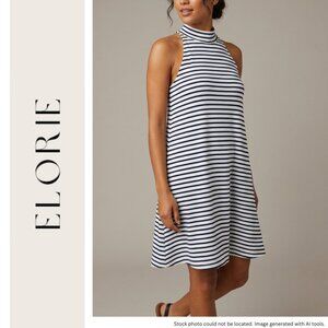 Elorie Women's Large White Navy Striped Mini Dress Mock Neck Gold Clasp Back
